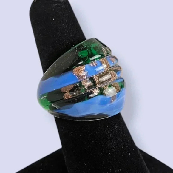(2/$20) Vintage Murano Blue Green Glass Ring - Picture 2 of 5